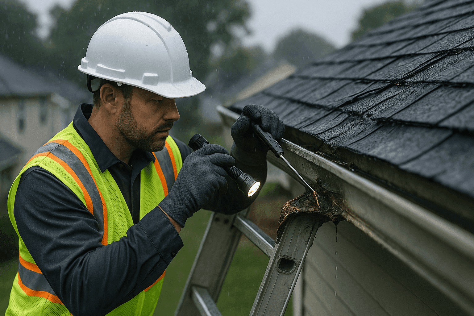 Technician assessing storm-damaged gutter on a house after heavy rain