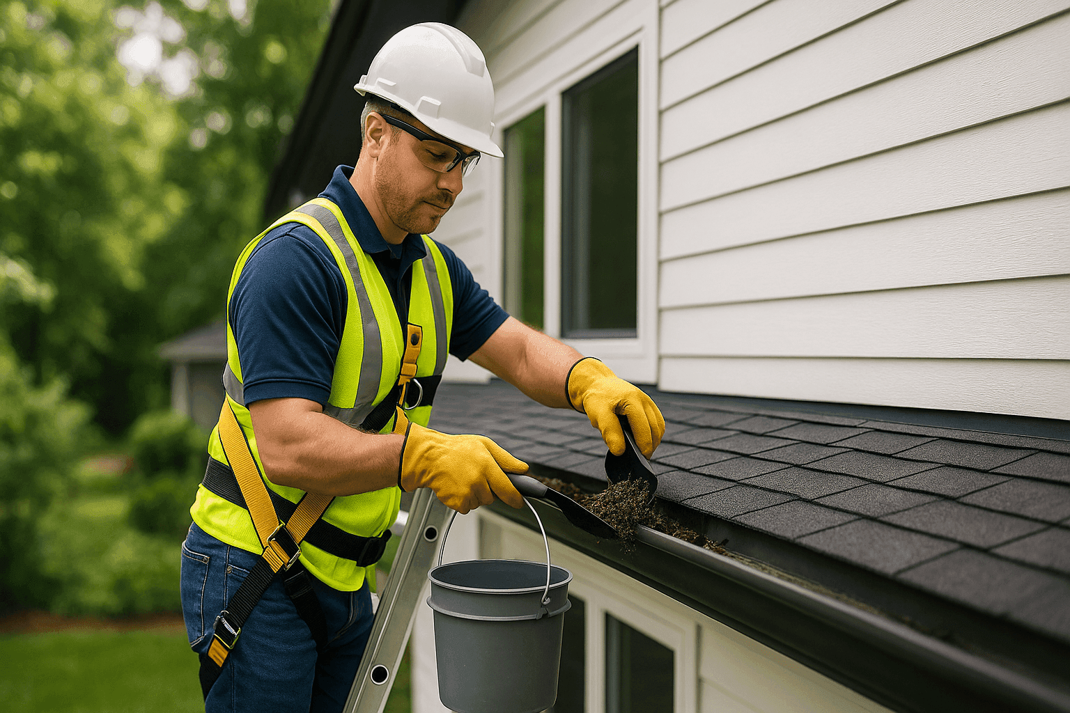 Worker safely cleaning gutters with gloves and tools on a residential roof
