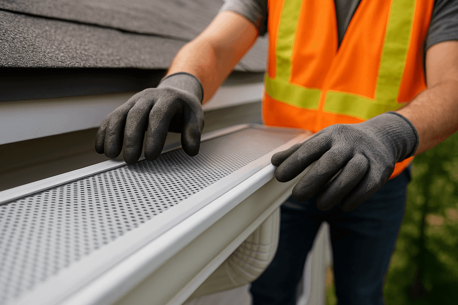 Primer plano de un protector de canaleta instalado en un sistema de canaletas residencial