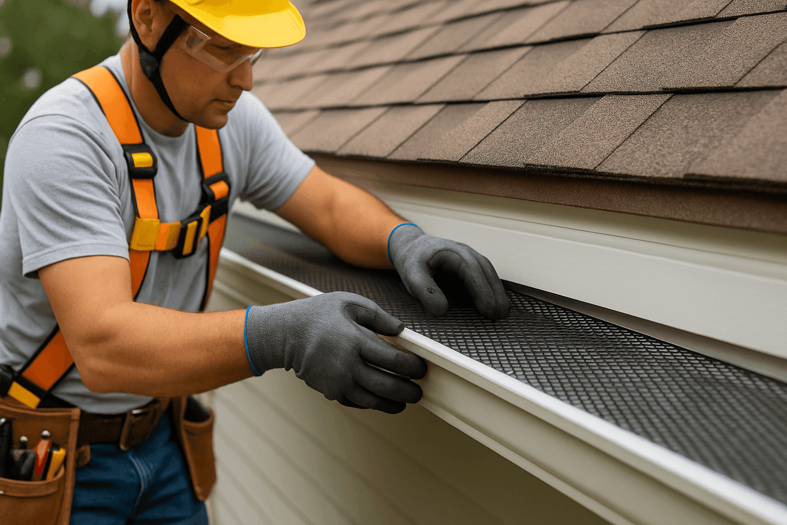 Técnico instalando protector de malla en el borde del techo residencial