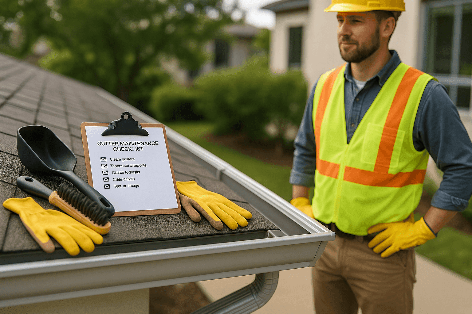 Lista de mantenimiento de canaletas en portapapeles con herramientas junto a una canaleta limpia