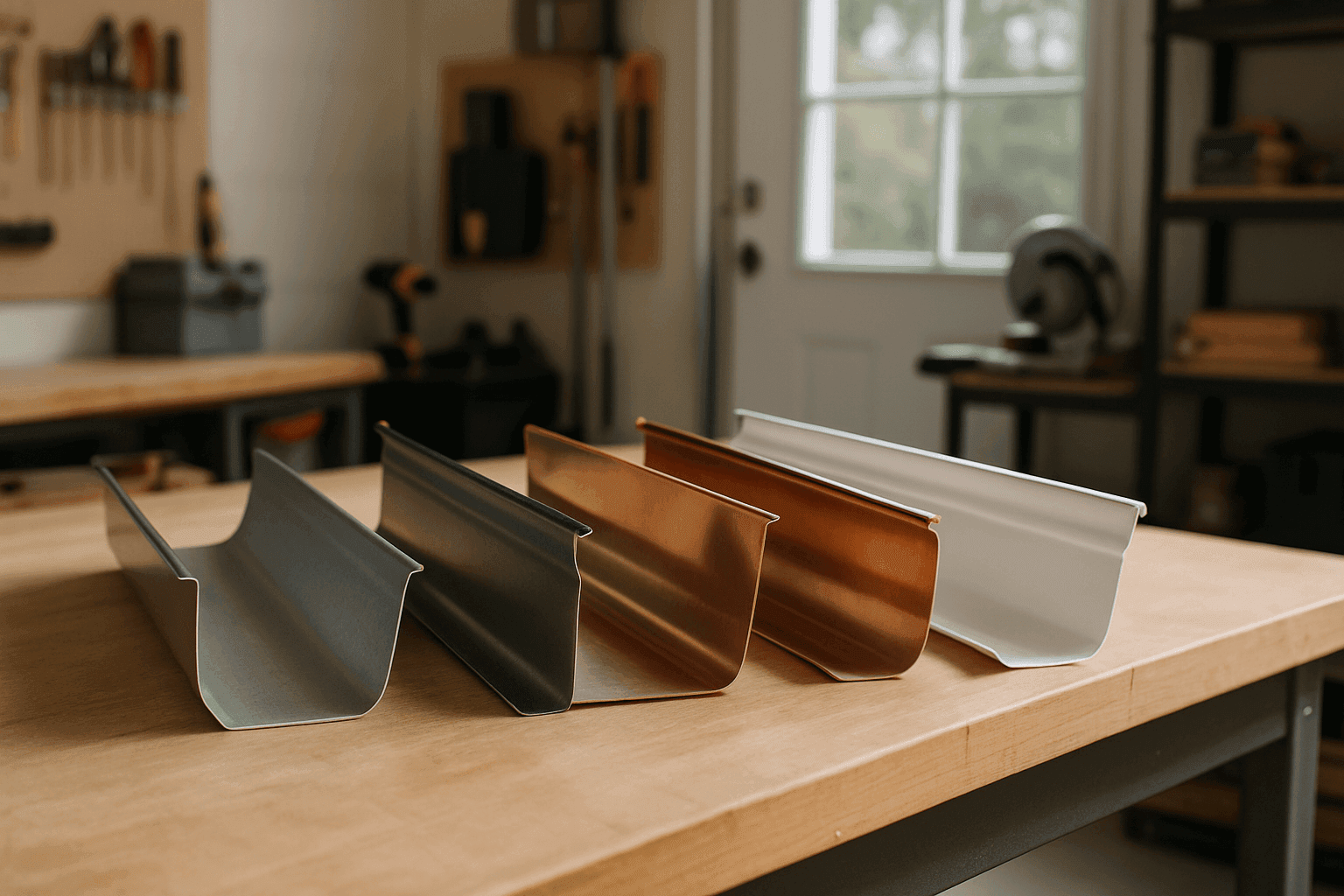 Close-up of various gutter materials stacked on a workbench in a workshop