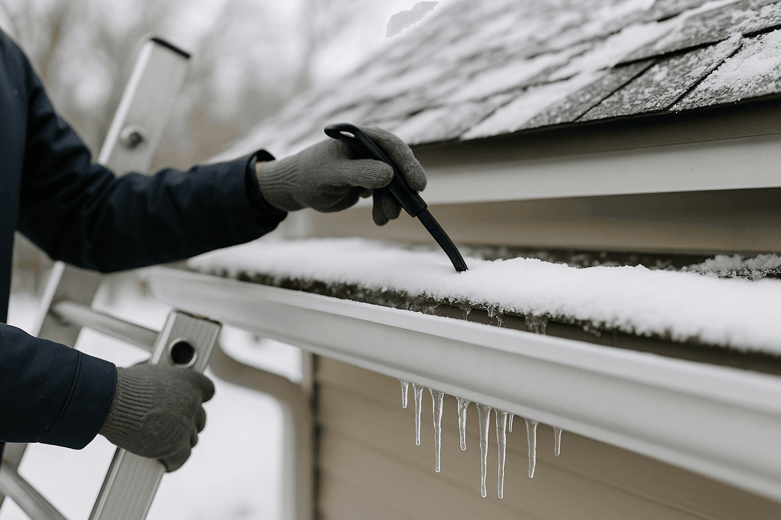 Canaleta residencial con nieve y carámbanos durante tormenta de invierno