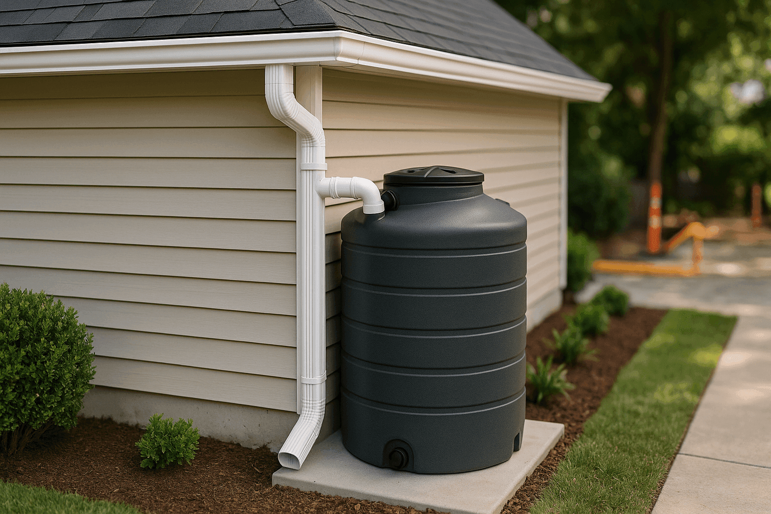 Modern rainwater harvesting tank connected to residential gutter system