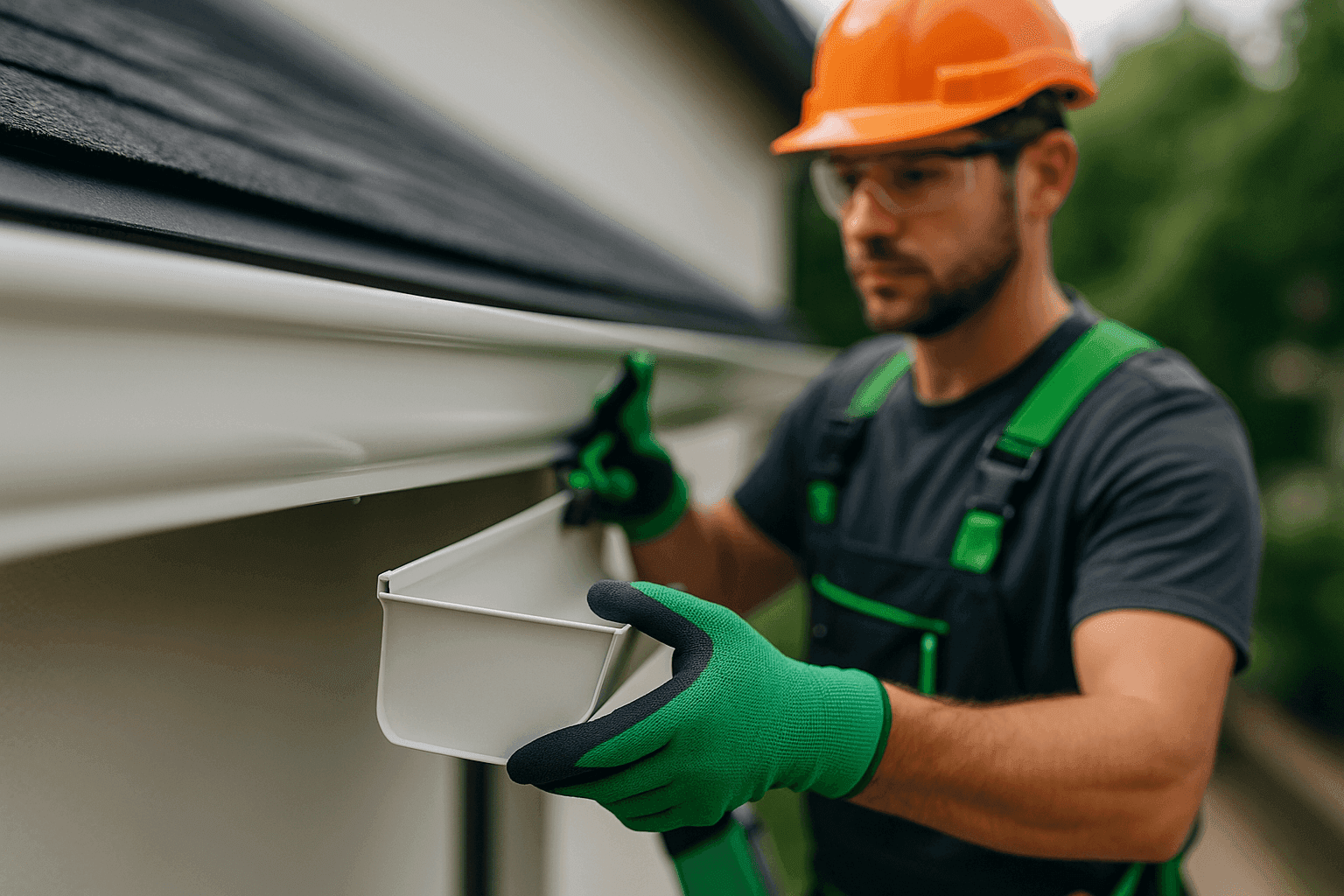 Professional worker installing seamless gutter on clean building roofline with green-accented gloves and tools