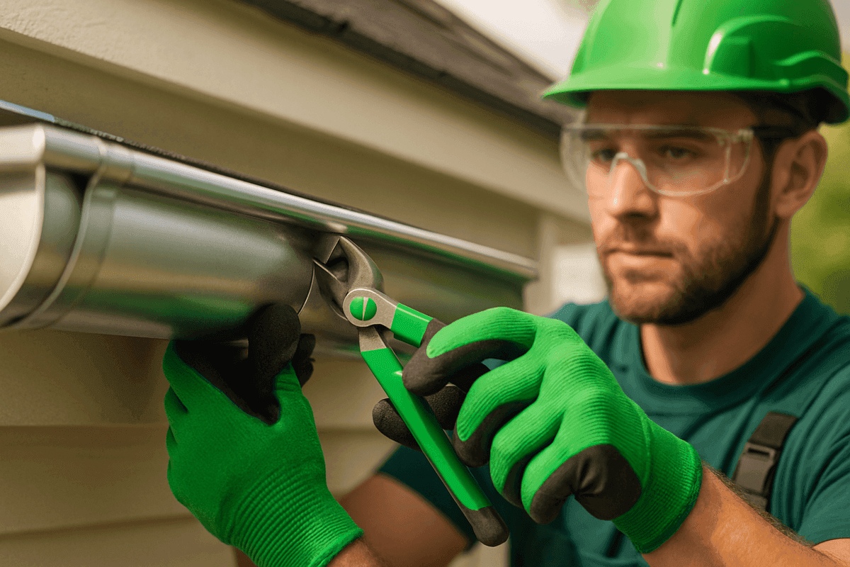 Close-up of worker securing seamless alunum gutter wearing safety helmet, goggles, and green-accented gloves